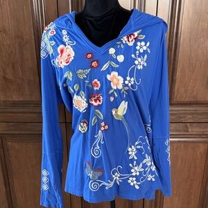 Johnny Was Blue Embroidered Floral Hooded Women's Top